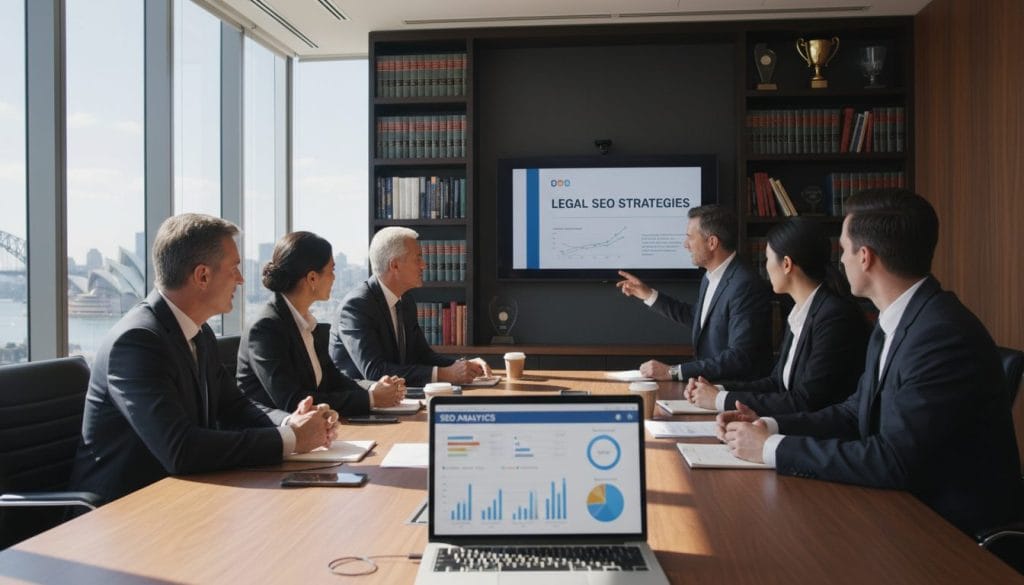 A modern, professional law firm office setting in Australia, featuring a sleek conference room with a large wooden table, surrounded by diverse professionals in business attire engaged in a discussion about SEO strategies. In the foreground, a laptop displaying analytics with charts and graphs subtly indicating SEO metrics. The middle ground shows shelves lined with legal books and awards, emphasizing expertise. In the background, large windows with a view of the Sydney skyline under bright, natural daylight. The atmosphere is dynamic yet focused, highlighting the importance of digital marketing in the legal sector. Soft shadows and warm lighting create an inviting, professional ambiance. A modern, professional law firm office setting in Australia, featuring a sleek conference room with a large wooden table, surrounded by diverse professionals in business attire engaged in a discussion about SEO strategies. In the foreground, a laptop displaying analytics with charts and graphs subtly indicating SEO metrics. The middle ground shows shelves lined with legal books and awards, emphasizing expertise. In the background, large windows with a view of the Sydney skyline under bright, natural daylight. The atmosphere is dynamic yet focused, highlighting the importance of digital marketing in the legal sector. Soft shadows and warm lighting create an inviting, professional ambiance.