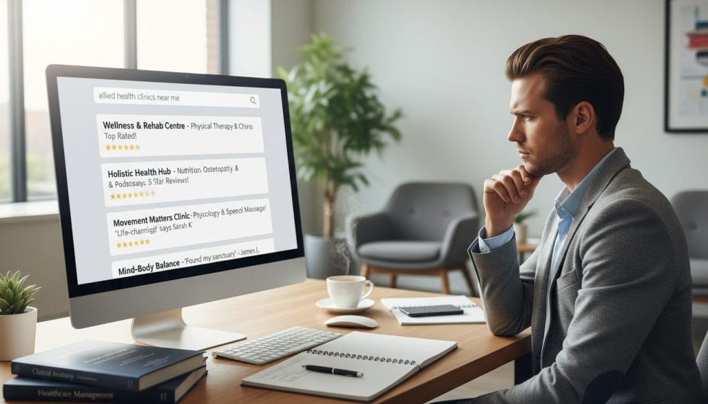 A modern, professional workspace showcasing a computer screen displaying search results for allied health clinics. In the foreground, a well-dressed healthcare practitioner is focused on the screen, their expression thoughtful and engaged. The screen should show a clean, organized layout of online search results, featuring various allied health keywords, appealing meta descriptions, and highlighted user reviews. In the middle ground, a stylish desk with medical books, a notepad, and a coffee cup is visible, suggesting a diligent work environment. The background reveals a softly lit, inviting clinic with greenery, fostering a sense of tranquility and professionalism. The overall atmosphere is one of productivity and determination, emphasizing the importance of SEO in a contemporary healthcare setting. Utilize soft, natural lighting to create an approachable and inspiring ambiance.