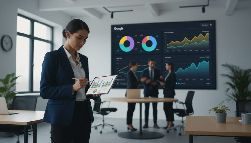 A modern, sleek office environment with a large digital display showcasing vibrant Google Ads metrics. In the foreground, a professional in business attire studies a tablet displaying graphs and charts filled with key performance indicators. The middle ground features a large interactive screen filled with colorful pie charts and line graphs representing clicks, conversions, and impressions. In the background, subtle outlines of coworkers engaged in discussion, ensuring a busy, collaborative atmosphere. Soft, natural daylight filters through large windows, creating a productive and optimistic mood. The camera angle is slightly above eye level, providing a comprehensive view of the metrics. The overall aesthetic conveys focus and professionalism, perfect for illustrating important ad campaign insights.
