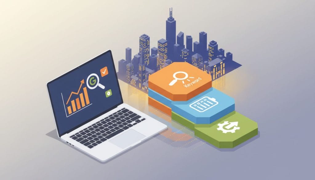 A modern, visually engaging infographic depicting "optimisation steps" for enhancing Google visibility, designed in an isometric style. In the foreground, a sleek laptop showcases analytics graphs and search engine icons, indicating data-driven insights. In the middle layer, color-coded steps with business-related visuals, like magnifying glasses and checklist icons, illustrate actionable strategies clearly. The background features a subtle city skyline of Melbourne, with bright lights reflecting innovation. Use warm, inviting lighting for a professional atmosphere, simulating natural daylight. The overall mood should inspire motivation and efficiency, appealing to business owners looking for improvement. No text, logos, or watermarks.