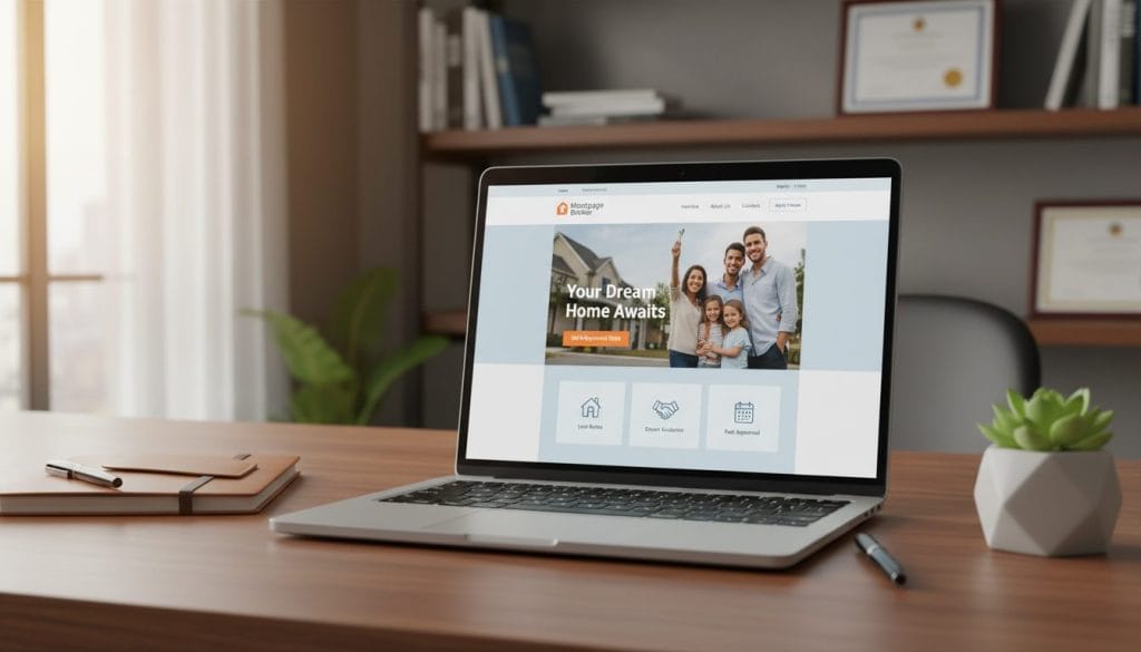 A modern website interface design displayed prominently on a sleek laptop screen in the foreground. The screen showcases a clean and user-friendly mortgage broker landing page with clear navigation, an inviting call-to-action button, and a visually appealing hero image related to home buying. In the middle ground, a professional workspace with a wooden desk, equipped with a notepad, a pen, and a potted plant to add a touch of life. In the background, soft-focus elements of a modern office environment, like blurred shelves filled with books and framed certificates, creating an atmosphere of professionalism and trust. Warm, natural lighting coming from a nearby window, conveying a welcoming and productive mood, captured from a slightly elevated angle for an engaging perspective.