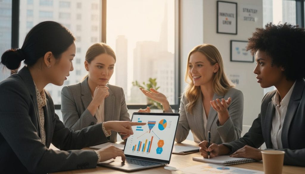 A modern workspace featuring a diverse group of professional women engaged in a collaborative discussion about lead generation strategies. In the foreground, a woman of Asian descent in smart casual attire points at a laptop displaying colorful graphs and charts, illustrating data analytics. In the middle, a Black woman in business attire takes notes, while a Caucasian woman gestures enthusiastically, sharing ideas. The background includes a bright office with large windows allowing natural light to fill the space, and motivational posters on the walls. The atmosphere conveys a sense of empowerment and teamwork, emphasizing innovation and strategic thinking in business. Use soft, warm lighting to create an inviting feel, with a focus on expressions of concentration and enthusiasm.