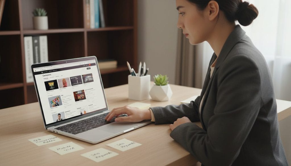 A modern workspace featuring an aesthetically pleasing, sleek laptop displaying a vibrant layout of e-commerce category pages. In the foreground, a professional woman in modest business attire is actively engaging with the screen, demonstrating focus and intent. Surrounding her, scattered notes with bullet points highlighting key takeaways are placed on a tidy desk. The middle layer reveals a stylish desk organizer filled with pens and a small potted plant, adding a touch of greenery. In the background, a soft-focus bookshelf filled with marketing books enhances the intellectual atmosphere. The lighting is warm and inviting, capturing a bright midday ambiance, shot from a slight angle to emphasize the workspace's depth, creating an engaging and professional mood suited for the topic.