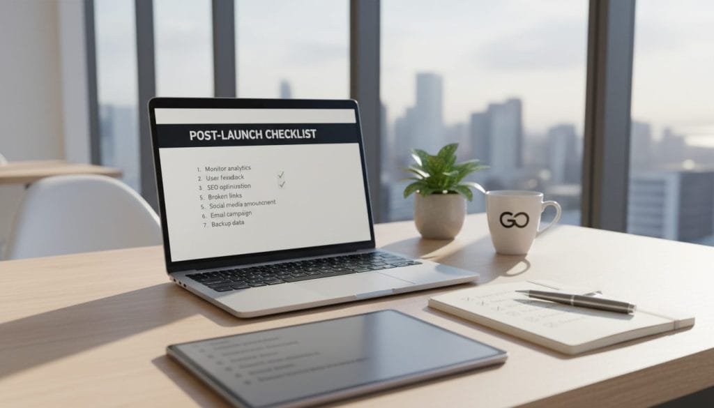 A neatly organized desk in a bright, modern office setting, focusing on a sleek laptop open to a "post-launch checklist" document displayed on the screen. In the foreground, a digital tablet and a notepad with checkboxes are arranged next to the laptop, along with a stylish pen. The middle layer features a potted plant and a coffee cup, creating a cozy, productive atmosphere. The background includes a large window letting in natural light, enhancing the space with a fresh, airy vibe. The mood should convey a sense of urgency and optimism, ideal for a business environment post-website launch. The scene should emphasize professionalism, with no people present, ensuring the focus remains on the checklist elements.
