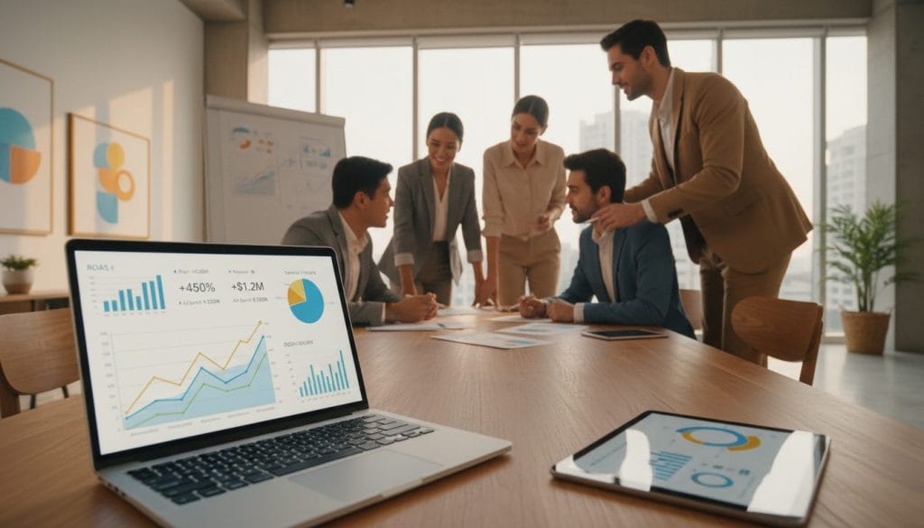 A professional and lively visual representation of "ROAS" (Return on Ad Spend) for ecommerce. In the foreground, depict a sleek laptop displaying financial graphs and digital advertising metrics, symbolizing analytics. In the middle, include a diverse group of business professionals in smart casual attire, intently discussing their strategies and analyzing data. The background should feature an elegant office environment with large windows allowing natural light, giving a vibrant yet focused atmosphere. Use a warm color palette to create an inviting and productive mood. Focus on clarity and detail in the graphs, ensuring they convey growth and success. Angle the shot to capture both the team and their analytical tools, emphasizing collaboration and digital marketing efforts.