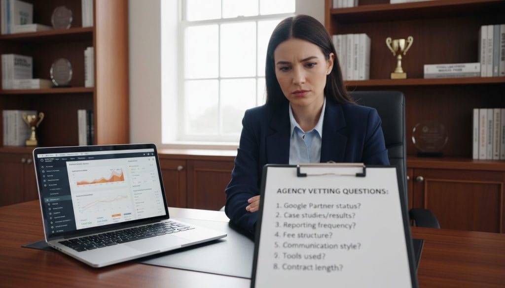 A professional and organized office setting, featuring a stylish wooden desk with a laptop open displaying a modern marketing dashboard. In the foreground, a hand is holding a clipboard with a list of vetting questions in bullet points. The middle layer includes a thoughtful young professional, dressed in smart business attire, looking intently at the clipboard, portraying a sense of focus and diligence. In the background, shelves filled with marketing books and awards add depth, while a large window allows natural light to illuminate the space, creating a bright and inviting atmosphere. The overall mood is serious yet optimistic, illustrating the process of making informed decisions when selecting a Google Ads agency.