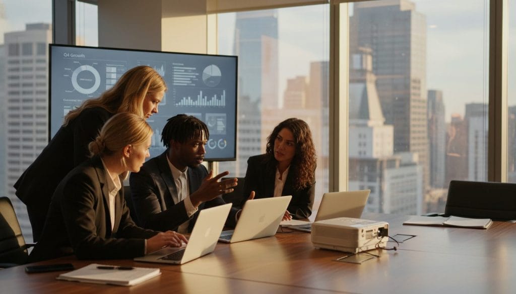 A professional business meeting scene in an upscale office environment. In the foreground, a diverse group of three individuals in business attire—one Caucasian woman, one Black man, and one Hispanic woman—are intensely discussing strategies, surrounded by laptops and industry reports. The middle ground features a sleek conference table with digital marketing graphs projected onto a screen behind them, showcasing data and analytics. In the background, large windows reveal a bustling cityscape, bathed in warm afternoon light that creates a modern, inviting atmosphere. The shot is taken from a slight angle, emphasizing collaboration and engagement, conveying a sense of professionalism and expertise in digital marketing within different industries.