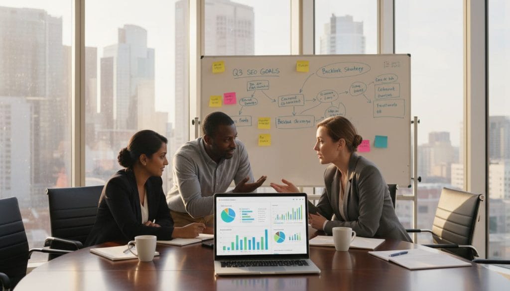 A professional business meeting setting, featuring a diverse group of three people discussing data-driven goals around a sleek conference table. In the foreground, a laptop displays colorful graphs and analytics dashboards, emphasizing key performance indicators. The middle ground features a whiteboard filled with strategic planning notes and post-it notes illustrating SEO metrics. The background includes floor-to-ceiling windows showcasing a modern city skyline, allowing natural light to illuminate the room, creating an inspiring atmosphere. Capture the image with a wide-angle lens to include all elements, ensuring a dynamic view. The overall mood should be focused and motivating, highlighting the collaborative effort to achieve data-driven results in SEO strategy.
