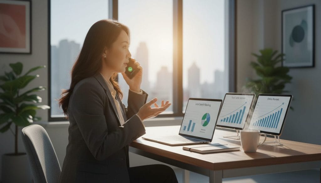A professional business profile scene centered on a focused individual in business attire, seated at a sleek modern desk, using a laptop. Foreground features the person, a middle-aged Asian woman, engaged in a discussion, with a smartphone nearby showing a call interface. In the middle ground, an organized workspace displays a notepad with keynotes, a cup of coffee, and charts illustrating local SEO metrics. The background includes a softly blurred view of a stylish office environment, with large windows allowing natural light to stream in, creating a bright and inviting atmosphere. The overall mood is productive and dynamic, capturing the essence of professionalism and strategy. The image should have warm lighting to enhance the sense of motivation and focus.