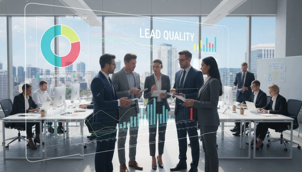 A professional business setting depicting the concept of "lead quality." In the foreground, a diverse group of professionals dressed in business attire, engaged in a discussion around a large, transparent screen displaying vibrant data visualizations of leads being categorized by quality. In the middle ground, various elements of a modern office, including desks with laptops and notepads, show teamwork in action. The background features large windows allowing natural light to flood the room, casting soft shadows and enhancing a productive atmosphere. Use a wide-angle lens to capture the dynamics of collaboration. The overall mood should be one of focus and determination, emphasizing the importance of lead quality in business decisions.