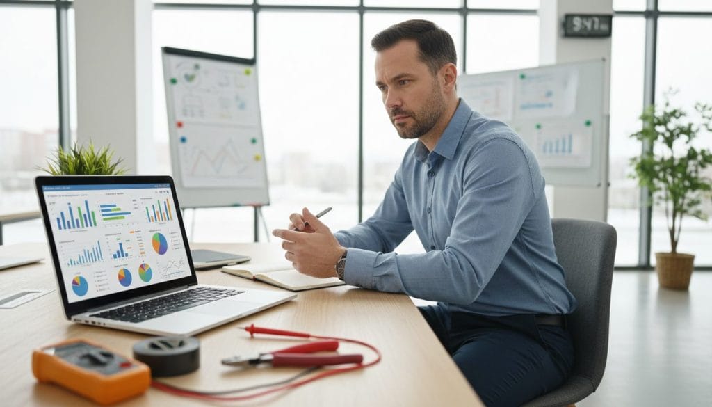 A professional business setting highlighting the concept of "cost per lead" for electricians. In the foreground, a laptop displays colorful graphs and charts representing lead generation metrics, surrounded by various electrical tools like wire pliers and circuit testers. In the middle ground, a focused electrician in smart casual attire analyzes the data thoughtfully, jotting notes on a notepad. The background features a modern office environment with large windows allowing soft natural light to filter in, creating a bright and inviting atmosphere. The image captures a sense of urgency and importance, emphasizing the need to manage budgets effectively. The lens angle is slightly above eye level to provide an engaging perspective of the electrician's focused expression and the workspace.