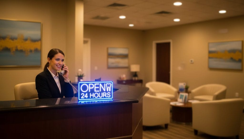 A professional dental office at night, softly illuminated by warm overhead lights. In the foreground, a relaxed dental receptionist sits at a sleek desk, wearing professional attire, smiling as they answer a phone call. In the middle, a glowing "Open 24 Hours" sign is prominently displayed on the desk, clearly visible and inviting. The background features a well-organized waiting area with comfortable chairs, dental brochures, and calming artwork on the walls. The atmosphere feels welcoming and reassuring, emphasizing a sense of readiness for emergency patients. Use a warm color palette and a slightly blurred background to focus attention on the receptionist and the illuminated sign, creating an inviting yet professional ambiance.