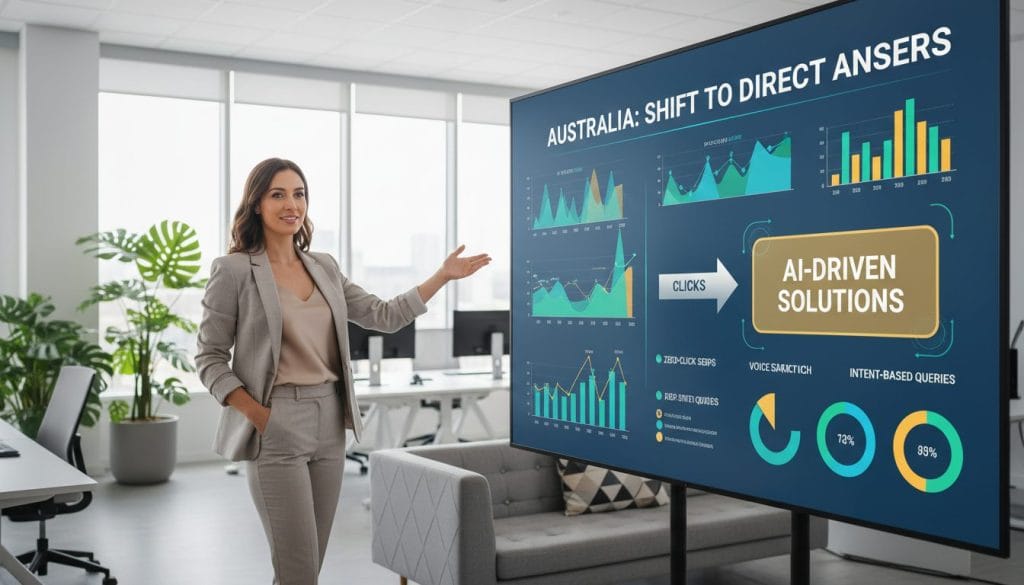 A professional digital marketing strategist standing in a modern office space, analyzing data on a large digital screen that displays various search metrics and trends. In the foreground, the strategist, a woman in smart casual business attire, is gesturing with enthusiasm towards the screen, highlighting key findings. The middle layer features the digital screen filled with colorful graphs and analytics, emphasizing the shift from clicks to direct answers. In the background, a bright and airy workspace includes plants and modern furniture, providing a contemporary feel. Soft natural lighting illuminates the scene, capturing a forward-thinking atmosphere. The overall mood is dynamic and insightful, reflecting the future of digital marketing in Australia.