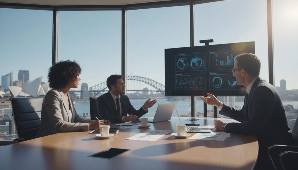 A professional meeting scene set in a modern Australian office with a panoramic view of the Sydney skyline in the background, showcasing iconic landmarks like the Sydney Opera House and Harbour Bridge. In the foreground, a diverse group of three businesspeople—one woman and two men—are engaged in a discussion around a sleek conference table filled with devices and documents. They are dressed in sharp business attire, exuding focus and collaboration. Soft, natural light filters through glass windows, creating a bright and inviting atmosphere. The composition captures a sense of innovation and forward-thinking, reflecting key takeaways for Australian businesses in the context of technological advancements. The image is framed with a slight tilt to add dynamism, emphasizing an engaging and insightful business environment.