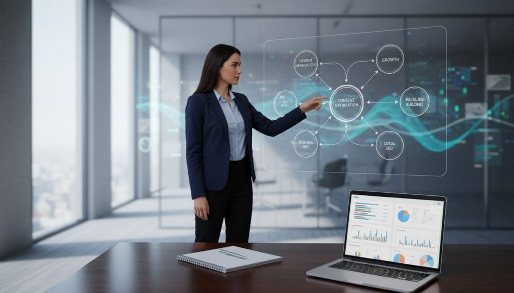 A professional, modern office environment serves as the backdrop, with an elegant wooden desk in the foreground featuring a laptop displaying SEO analytics. On the desk, a notepad and pen suggest a brainstorming session. In the middle ground, a confident businesswoman in professional attire stands, pointing to key points on a digital display showing SEO strategies. Soft, natural lighting streams through large windows, casting gentle shadows, creating an inspiring and focused atmosphere. In the background, abstract charts and graphs representing data trends are subtly integrated, enhancing the professional context without overwhelming the main focus. The overall mood is one of clarity and determination, highlighting the importance of informed decision-making in SEO strategies.