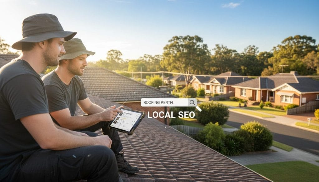 A professional, modern roof inspection scene in an Australian suburb, featuring a team of two roofers in modest casual clothing inspecting a home's roof, highlighting local SEO relevance. In the foreground, focus on the roofers using a tablet to check local search results, visually showcasing the importance of digital visibility. In the middle ground, well-kept homes with Australian-style architecture and a clear blue sky, symbolizing a thriving community. The background includes vibrant greenery and a hint of sunlight streaming through, creating an inviting and productive atmosphere. Use soft, natural lighting to enhance the scene, with a slight depth of field to emphasize the characters while still showing the charming neighborhood.