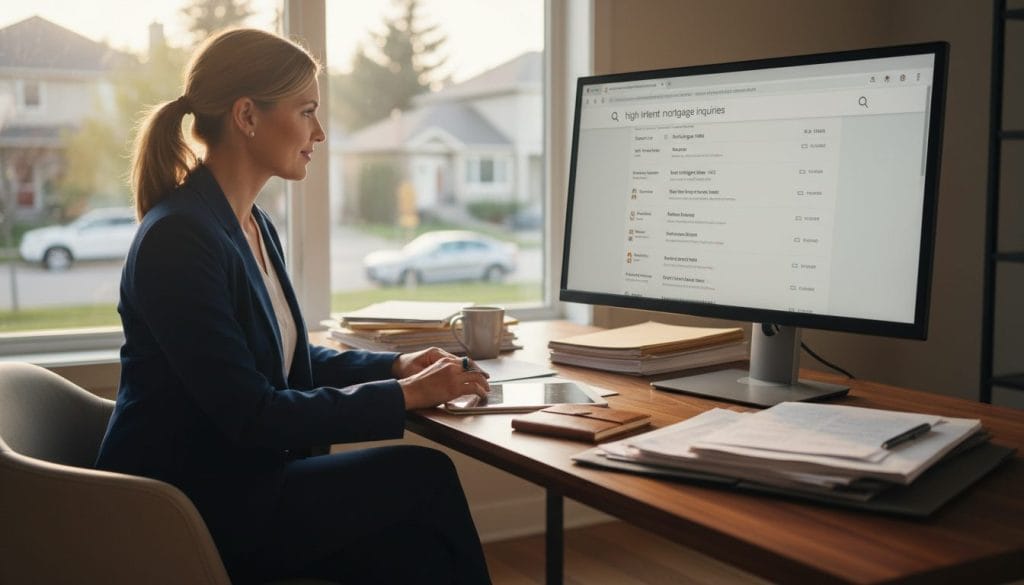 A professional mortgage broker in business attire sits at a sleek, modern desk surrounded by financial documents and a laptop displaying Google search results for mortgage inquiries. The foreground features focused expressions on the broker’s face, symbolizing expertise and attention to detail. In the middle ground, a window lets in natural light, illuminating the workspace, creating a warm and inviting atmosphere. In the background, soft blurred images of a suburban neighborhood can be seen, representing the typical clientele. The composition should have a slight depth of field, with warm lighting tones to convey trust and professionalism, while emphasizing the broker's ability to connect clients with high-intent mortgage inquiries through Google searches. The mood is determined yet approachable, inspiring confidence in potential clients.