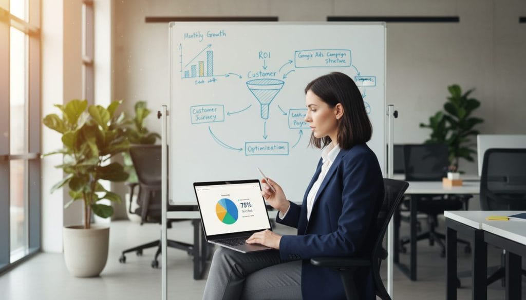 A professional office environment with a clear focus on digital marketing concepts. In the foreground, a confident businesswoman in smart attire is analyzing a colorful pie chart displayed on a sleek laptop, symbolizing conversion metrics. Her expression is focused, reflecting determination and insight. In the middle, a whiteboard behind her is covered with various graphs and flowcharts representing data analysis and Google Ads strategies. The background features office elements like potted plants and modern furniture, giving a sense of an innovative workspace. Soft natural lighting filters through large windows, creating a warm, motivating atmosphere. The overall mood is professional and analytical, reflecting the importance of data-driven marketing decisions. A professional office environment with a clear focus on digital marketing concepts. In the foreground, a confident businesswoman in smart attire is analyzing a colorful pie chart displayed on a sleek laptop, symbolizing conversion metrics. Her expression is focused, reflecting determination and insight. In the middle, a whiteboard behind her is covered with various graphs and flowcharts representing data analysis and Google Ads strategies. The background features office elements like potted plants and modern furniture, giving a sense of an innovative workspace. Soft natural lighting filters through large windows, creating a warm, motivating atmosphere. The overall mood is professional and analytical, reflecting the importance of data-driven marketing decisions.