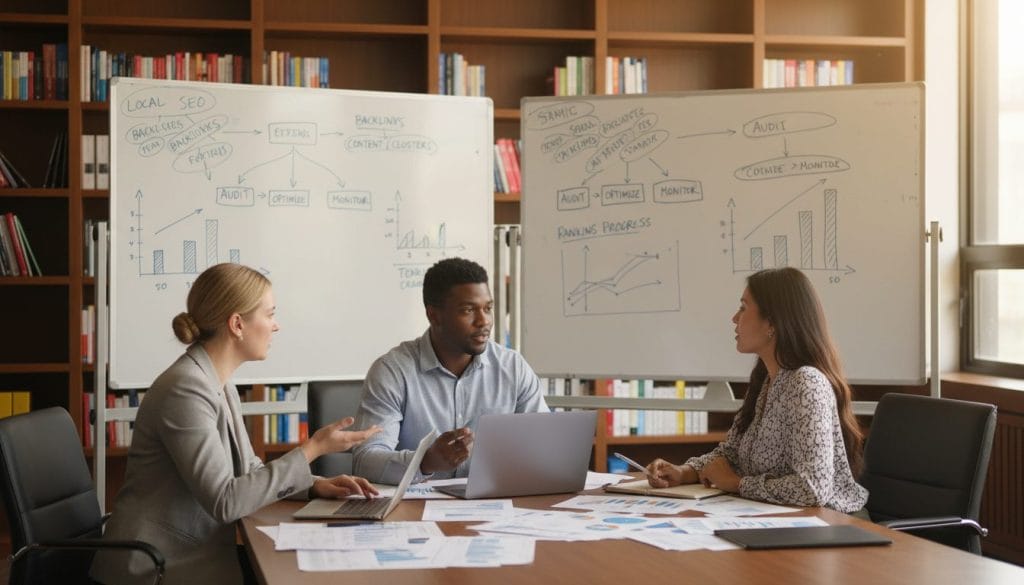 A professional office scene depicting traditional SEO in action. In the foreground, a diverse group of three business professionals – a Caucasian woman, an African American man, and a Hispanic woman – are discussing strategy around a large conference table, surrounded by laptops and printed documents. In the middle background, whiteboards filled with keywords, graphs, and flowcharts illustrate SEO strategies. A soft focus on a wall of bookshelves can be seen in the background, emphasizing research and knowledge. The lighting is warm and focused, highlighting the faces of the professionals. The atmosphere is collaborative and energetic, conveying a sense of focus on tactics, analytical thinking, and traditional marketing principles. The camera angle is slightly elevated, providing a comprehensive view of the interaction.