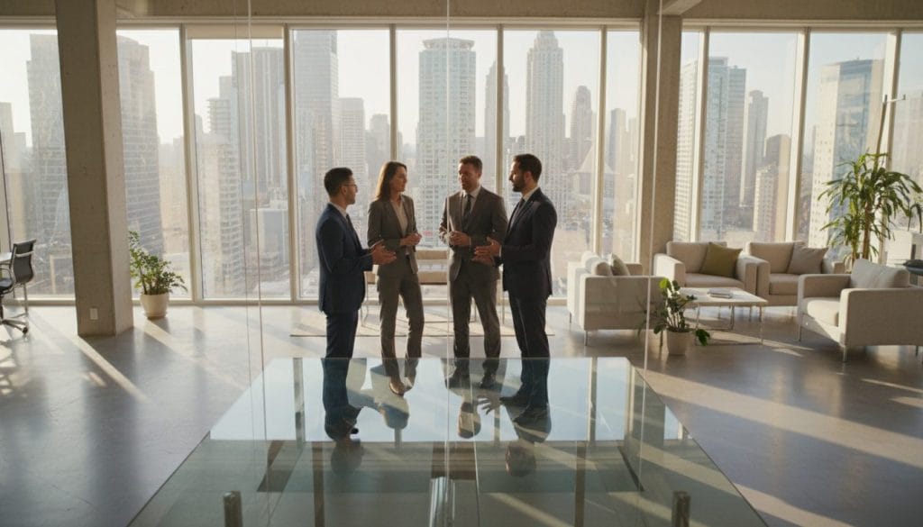 A professional office setting, focusing on a transparent glass structure that symbolizes clarity and openness in partnership choices. In the foreground, a transparent office desk showcases a subtle reflection of a well-dressed, diverse group of business professionals in formal attire, engaged in discussion. The middle layer features a large glass wall that provides a clear view of a bright urban skyline, illustrating the idea of opportunities ahead. The background shows a sunlit room, creating a warm, inviting atmosphere with soft shadows. The lighting is bright and natural, creating a sense of optimism and transparency. The camera angle is positioned slightly above eye level to capture the entire scene effectively, emphasizing the theme of making informed decisions in selecting an agency partner.