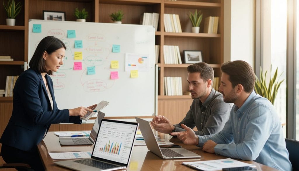 A professional office setting where a diverse group of three individuals, a woman in a smart blazer and two men in business casual attire, are engaged in a collaborative discussion around a table. In the foreground, various digital devices such as laptops and tablets displaying data analytics and Google Ads interfaces. In the middle ground, a large whiteboard filled with colorful diagrams and sticky notes outlining marketing strategies. The background features shelves lined with books and plants, creating a warm and inviting atmosphere. Natural light streams in through a large window, casting soft shadows and enhancing the vibrant color palette. Capture the scene from a slightly elevated angle to emphasize teamwork and focus. The mood is productive and encouraging, showcasing a modern, professional environment.