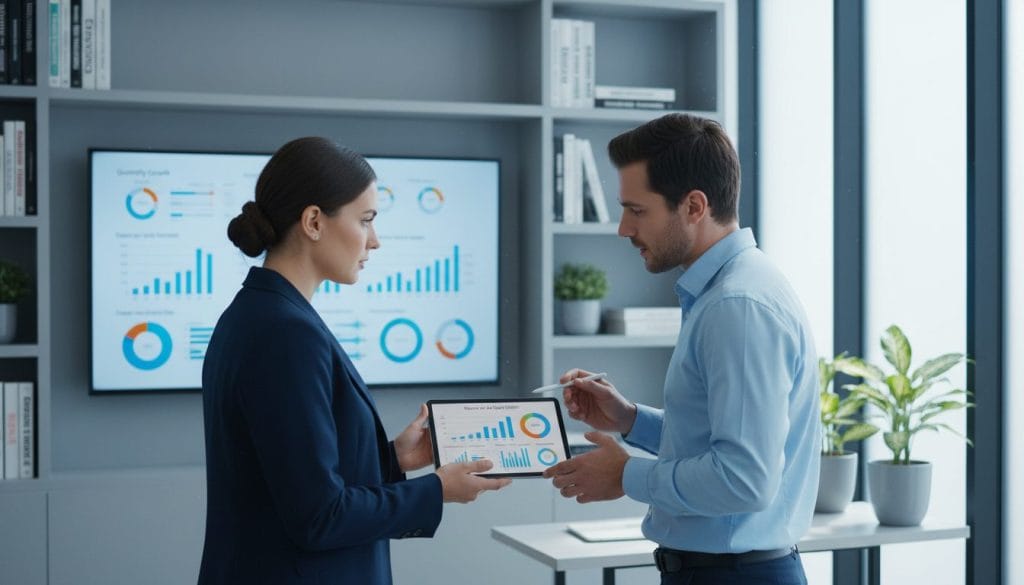 A professional office setting with a clean, modern aesthetic, featuring a pair of business professionals, a woman and a man, engaged in a discussion about metrics. In the foreground, they are reviewing a digital tablet displaying colorful graphs and data visualizations related to Return on Ad Spend (ROAS). The woman is wearing a sleek navy blazer, while the man sports a light blue dress shirt, both appearing focused and engaged. In the middle ground, a large wall-mounted screen showcases key benchmarks and performance indicators, emanating a soft blue light. The background includes shelves with financial books and indoor plants, creating an inviting atmosphere. Soft, natural lighting filters in through large windows, casting gentle shadows and adding to the professional yet approachable mood.