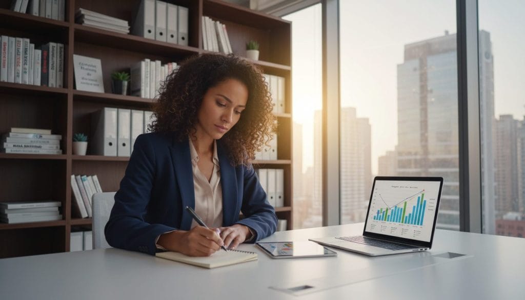 A professional workspace depicted in an open layout, featuring a sleek, modern desk with a laptop displaying colorful SEO graphs and analytics. In the foreground, a confident businesswoman in professional attire is pondering over key takeaways, jotting notes on a notepad. In the middle ground, an elegant bookshelf filled with SEO books and marketing materials lines the wall, suggesting a wealth of knowledge. The background shows a large window letting in warm, natural light, with a city skyline view creating an inspiring atmosphere. The image conveys a sense of purpose and clarity, emphasizing the importance of careful consideration before making website adjustments. Soft, balanced lighting enhances the professional mood, capturing the essence of strategic planning in digital marketing.