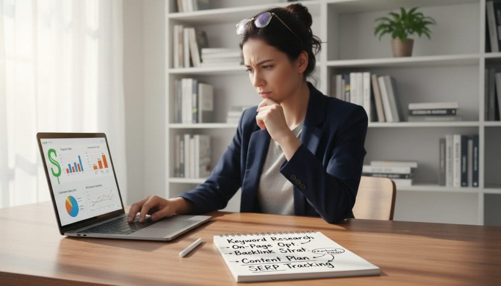 A professional workspace featuring a modern desk with a laptop displaying analytical graphs and SEO performance metrics. In the foreground, a notepad with scribbled key takeaways prominently visible. In the middle, a thoughtful business professional, dressed in smart casual attire, is analyzing the data with a focused expression. The background includes a soft-focus bookshelf filled with business books and a plant, creating a fresh and inviting atmosphere. Bright, natural light streams through a nearby window, illuminating the workspace, enhancing the mood of productivity and focused work. The overall setting conveys a sense of professionalism and diligent effort in the realm of SEO. A professional workspace featuring a modern desk with a laptop displaying analytical graphs and SEO performance metrics. In the foreground, a notepad with scribbled key takeaways prominently visible. In the middle, a thoughtful business professional, dressed in smart casual attire, is analyzing the data with a focused expression. The background includes a soft-focus bookshelf filled with business books and a plant, creating a fresh and inviting atmosphere. Bright, natural light streams through a nearby window, illuminating the workspace, enhancing the mood of productivity and focused work. The overall setting conveys a sense of professionalism and diligent effort in the realm of SEO.