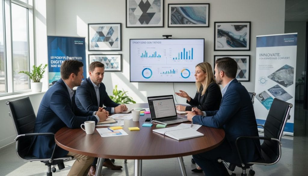 A professional workspace featuring a team of business professionals in smart casual attire, brainstorming lead generation strategies for epoxy flooring. In the foreground, a diverse group of individuals are engaged in a dynamic discussion with a laptop and digital marketing tools scattered on a sleek conference table. The middle section showcases a large digital screen displaying colorful infographics related to lead generation trends, while a briefing document lies open next to a cup of coffee. In the background, bright office lighting illuminates a modern office environment with creative design elements, like epoxy flooring samples and marketing collateral on the walls. The atmosphere is collaborative and energetic, conveying focus and innovation in digital marketing strategies, with soft natural light coming through large windows.