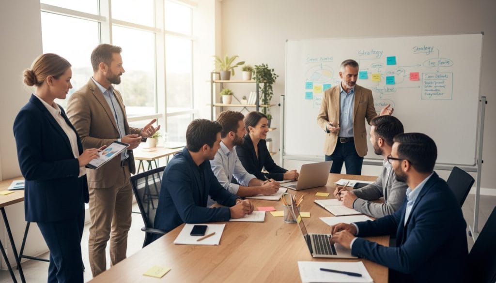 A professional workspace filled with a diverse group of NDIS service providers engaged in a collaborative meeting. In the foreground, a confident woman in business attire is analyzing marketing charts on a tablet, while a mid-aged man in smart casual clothing points at a whiteboard filled with colorful strategy notes. In the middle, a diverse mix of professionals attentively listens, taking notes and discussing ideas. The background features a bright, modern office space with large windows allowing natural light to pour in, casting soft shadows. The atmosphere is focused and dynamic, with a warm color palette to convey professionalism and collaboration. Capture this scene from a slight angle, highlighting the interaction and engagement of the participants.