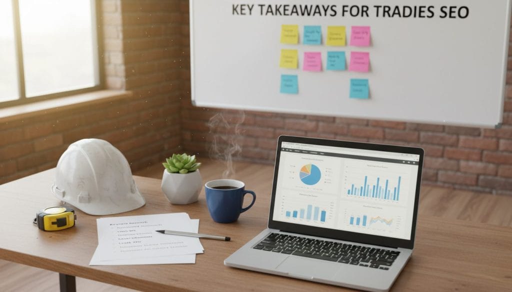 A professional workspace setup focusing on "Key Takeaways for Tradies SEO". In the foreground, include a neatly arranged wooden desk with a laptop, SEO analytics charts, and trade business tools like a hard hat and a measuring tape. In the middle ground, place a coffee cup and a potted plant for a touch of life. The background features a large whiteboard with colorful post-it notes summarizing key SEO strategies, illuminated by soft, natural lighting from a nearby window, creating a warm and inviting atmosphere. Capture the scene with a slight overhead angle to provide perspective on the workspace, emphasizing organization and professionalism, ideal for trade business audiences.