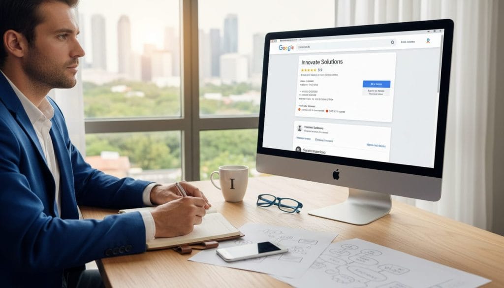 A professional workspace showcasing a meticulously organized desk with a computer displaying a mock Google Business Profile. The foreground features a business professional in smart attire, focused and taking notes while glancing at the screen. In the middle ground, various items including a notepad, a smartphone, and a coffee cup symbolize careful planning and optimization. The background displays a bright window with soft natural light streaming in, illuminating the workspace and creating a welcoming atmosphere. The camera angle is slightly above eye level, emphasizing the business environment's professionalism and focus on detail. The mood is productive and aspirational, inspiring viewers to engage with their own business profiles effectively.