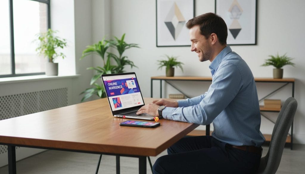 A professional workspace showcasing the concept of "online presence." In the foreground, a sleek wooden desk features a modern laptop displaying a colorful website design, alongside a smartphone with social media notifications. A person in smart casual attire sits at the desk, focused on the screen, exuding enthusiasm and professionalism. In the middle ground, a large window allows soft, natural daylight to illuminate the scene, casting gentle shadows. The background showcases a tidy room with potted plants and inspirational artwork on the walls, suggesting a creative atmosphere. The mood is positive and productive, embodying the essence of effective online marketing strategies. The angle is slightly elevated, capturing both the person and their digital workspace in a dynamic composition.
