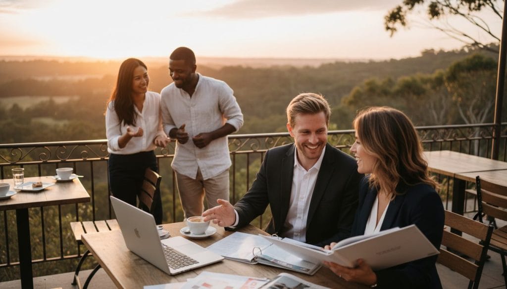 A romantic scene of two diverse couples engaged in thoughtful conversation about wedding planning at an idyllic outdoor café in Australia. In the foreground, one couple—a smiling Australian couple in professional attire—sits at a table with a laptop, surrounded by wedding magazines and a planner. The second couple, wearing smart-casual clothing, leans against a railing, discussing ideas, while enjoying a scenic view of lush greenery and a soft sunset in the background. The golden hour lighting casts a warm, inviting glow, enhancing the intimate atmosphere, with soft bokeh effects. The image composition is slightly angled to draw focus to the couples, showcasing their connections and enthusiasm for wedding planning amidst a serene setting.