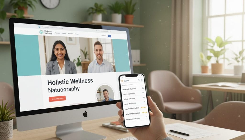 A serene and inviting image depicting the concept of "search visibility" in a professional context. In the foreground, a computer screen displays a vibrant, user-friendly website of a naturopath, with a smiling, diverse practitioner dressed in professional attire engaging with a satisfied patient through video consultation. In the middle ground, a hand holding a smartphone shows search results highlighting key terms like "naturopath Australia," symbolizing digital search. The background features a calm office environment with houseplants and a window letting in soft, natural light, creating a warm and welcoming atmosphere. The overall mood should be optimistic and professional, signifying the connection between online visibility and patient attraction. The angle should be slightly above eye level, providing a comprehensive view of the scene.