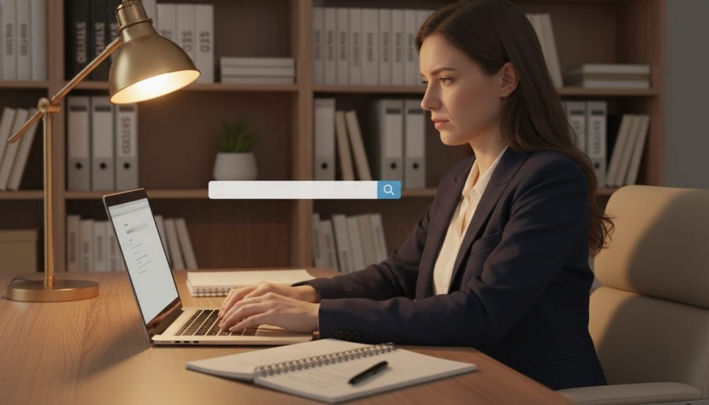 A serene and organized workspace conveying the concept of "search." In the foreground, a sleek laptop with an open browser displaying a search engine. Next to it, a notepad and a pen, symbolizing focus and planning. In the middle ground, a woman in professional business attire, thoughtfully typing on the laptop, with a look of concentration. A warm light from a nearby lamp illuminates her workspace, casting soft shadows. In the background, bookshelves filled with SEO-related books and resources, adding depth. The ambiance is calm and productive, with a subtle hint of inspiration, reflecting a diligent search for knowledge. The overall mood is one of determination and clarity.