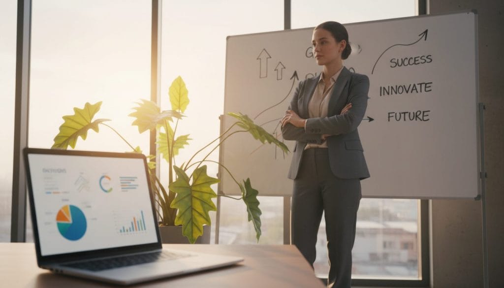 A serene office environment symbolizing "growth goals." In the foreground, a wooden desk with a modern laptop open, displaying colorful graphs and pie charts representing progress. Beside it, a potted green plant sprouting new leaves, signifying growth. In the middle, a professional businesswoman in a tailored suit, standing confidently with arms crossed, looking towards a whiteboard filled with upward-trending arrows and inspirational keywords like “Goals” and “Success.” In the background, a bright window letting in warm sunlight, illuminating the room, creating a sense of optimism and potential. The overall atmosphere is one of determination and forward-thinking. Use a soft focus lens to give a professional and polished look to the scene.