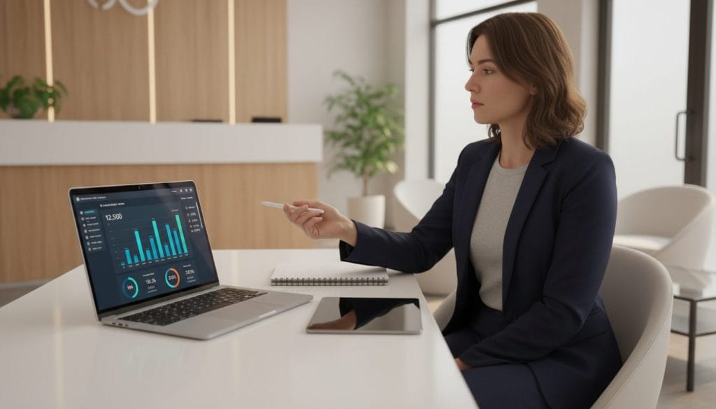 A sleek, modern digital workspace illustrating "landing page performance" for a physiotherapy clinic. In the foreground, a laptop displaying an analytics dashboard with graphs and metrics showcasing traffic, conversion rates, and ad performance. In the middle, a professional-looking business person in smart casual attire analyzing the data, with a notepad next to them. The background features a contemporary clinic environment, with soft lighting and calming colors, emphasizing a professional yet welcoming atmosphere. Utilize a slight angle to emphasize depth, with warm, diffused light creating a productive mood. No text or captions are included, ensuring focus is solely on the visual elements representing effective ad performance analysis.