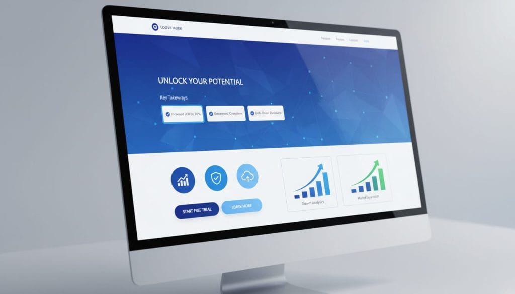 A sleek, modern landing page design, featuring a clean layout and a professional color palette of blues and whites. In the foreground, there are prominent UI elements such as buttons, icons, and images of graphs indicating growth. The middle ground showcases a call-to-action section with highlighted key takeaways in a digestible format, while the background includes subtle abstract patterns to add depth. Soft, diffused lighting casts gentle shadows, creating a welcoming atmosphere. The perspective is slightly angled, as if viewed on a computer screen, inviting an engaging digital experience. The mood is focused yet optimistic, perfect for capturing attention and conveying professionalism in a business context.