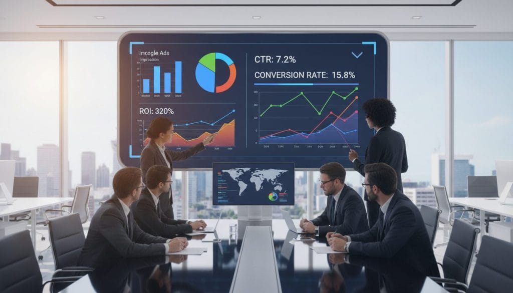 A sleek office environment featuring a modern digital dashboard displaying vibrant graphs and data visualizations representing Google Ads performance metrics. In the foreground, a diverse team of professionals in business attire engages with the dashboard, analyzing key metrics with focused expressions. The middle layer includes a large screen showcasing colorful bar charts, pie graphs, and line trends, with highlighted metrics like CTR, conversion rate, and ROI. The background features a bright, well-lit office space with elegant furniture and large windows letting in natural light. The atmosphere is collaborative and analytical, emphasizing clarity and focus, ensuring a sense of professionalism and productivity in the digital marketing context.