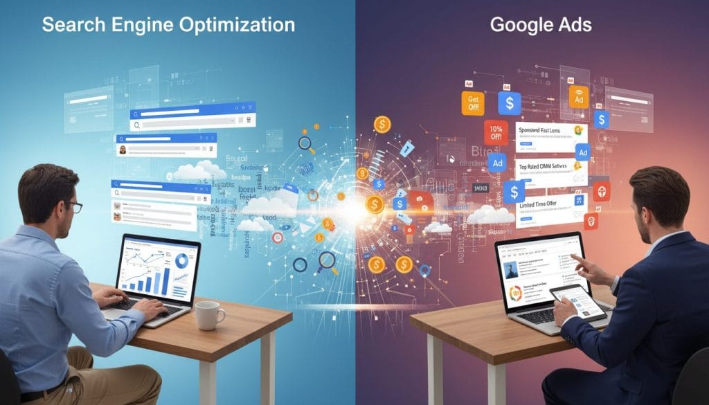 A split scene illustrating the concept of "Search Engine Optimization" vs "Google Ads." In the foreground, a professional business person in casual attire analyzes data on a laptop, with graphs and SEO metrics displayed on the screen. In the middle, visually contrasting elements of SEO, like organic search results and keywords, blend seamlessly with Google Ads represented by colorful sponsored listings and pay-per-click icons. The background features a digital landscape, merging a serene blue sky with data streams and website structures, symbolizing the interconnectedness of both strategies. Soft, natural lighting illuminates the scene, evoking a collaborative atmosphere focused on digital marketing success. The angle is slightly elevated, providing a comprehensive view of this modern marketing dynamic.