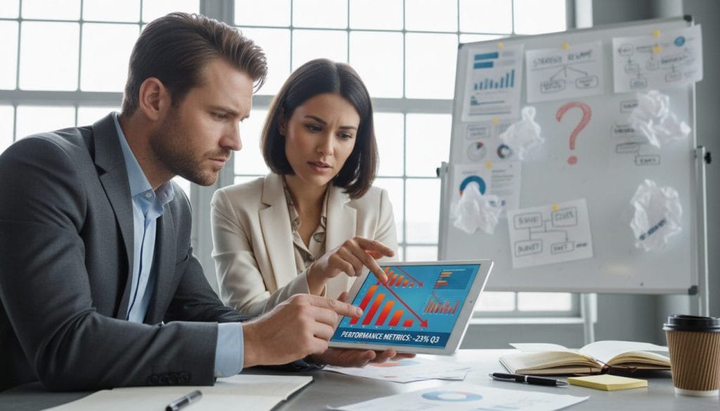 A stylish, modern workspace with two professionals, a man and a woman, engaged in a discussion over a digital tablet displaying declining graphs and analytics. The foreground shows the tablet clearly with vibrant, contrasting colors indicating poor performance metrics. In the middle, the professionals are dressed in professional business attire, exhibiting expressions of concern and contemplation. The background features a large window with soft, natural daylight illuminating the room, highlighting charts and reports pinned on a whiteboard, emphasizing the chaotic elements of mismanaged marketing strategies. The mood conveys a sense of urgency and reflection, evoking the importance of measurable results in digital marketing. The angle is slightly above eye level, capturing the seriousness of the moment without distractions.