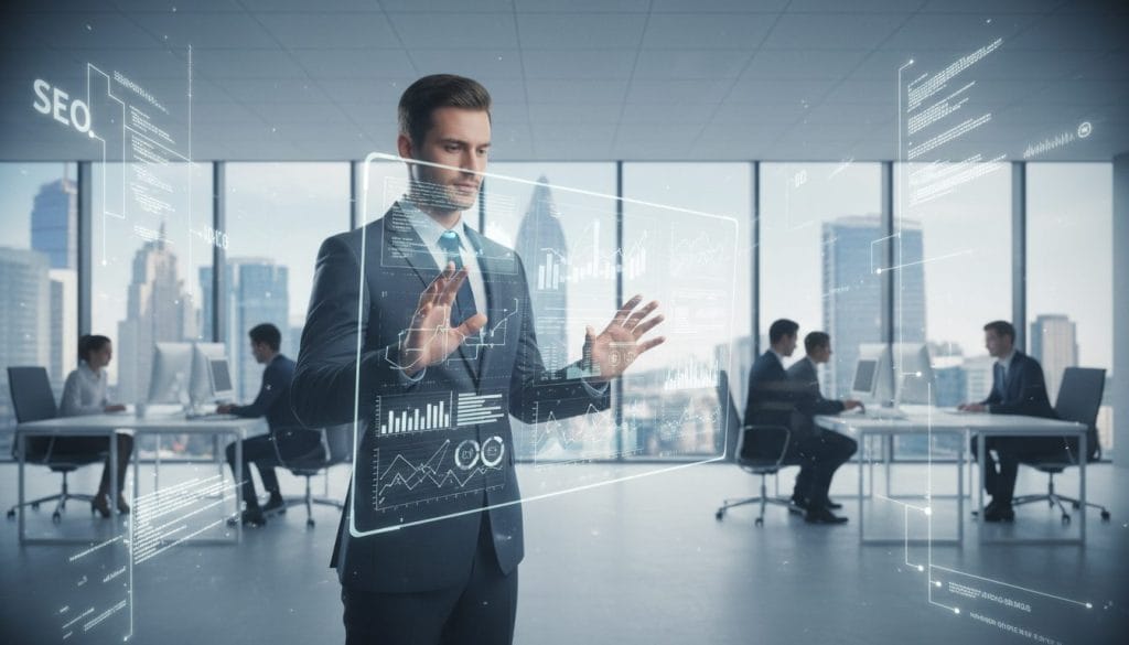 A surreal depiction of “invisible progress” in a business environment. In the foreground, a professional-looking business person in formal attire is analyzing a transparent digital screen filled with evolving graphs and analytics, embodying the unseen aspects of SEO progress. The middle ground features a bustling office with faint outlines of web traffic data and algorithm formulas subtly integrated into the walls, symbolizing the underlying complexities of SEO work. In the background, large windows show a bright city skyline, reflecting hope and growth. Soft, ambient lighting creates an inspiring atmosphere, while a slight fog adds an ethereal touch, emphasizing the "invisible" element. Utilize a wide-angle lens effect to enhance the dimensionality.