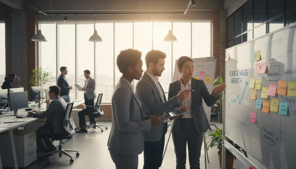 A vibrant and engaging office space filled with professionals discussing digital marketing strategies. In the foreground, a diverse group of three businesspeople, dressed in professional attire, attentively analyzes a large chart depicting leads and sales growth. In the middle ground, a whiteboard showcases various marketing metrics and strategies, with colorful sticky notes indicating brand growth ideas. The background features a large window letting in soft, natural light, casting a warm glow across the room. The atmosphere feels collaborative and purposeful, embodying the energetic spirit of a team focused on achieving marketing outcomes. Use a wide-angle lens to capture the entire space, ensuring a dynamic perspective that conveys innovation and teamwork.