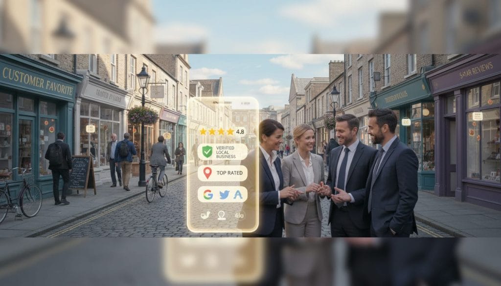 A vibrant and engaging scene depicting "visibility trust signals," essential for local business owners. In the foreground, showcase a diverse group of professional individuals in smart business attire, exchanging ideas. Ensure they are interacting with a large, glowing smartphone displaying various trust signals, such as review stars, badges, and local search icons. In the middle ground, illustrate a bustling local street filled with quaint storefronts, each adorned with visible signage indicating customer satisfaction. The background should feature a bright blue sky and soft white clouds, creating an inviting atmosphere. Use soft, natural lighting to enhance the colors and textures, capturing a hopeful, dynamic mood that emphasizes the importance of visibility for local businesses. The angle should be slightly elevated, providing a panoramic view that encompasses both the humans and the lively urban environment.