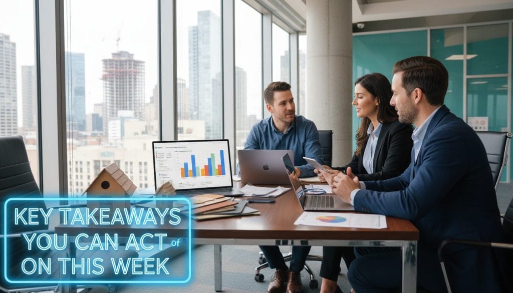 A vibrant and modern office setting representing Google Business, with a professional team of three individuals in business attire discussing local SEO strategies around a sleek conference table. The foreground features a well-organized table with laptops, digital devices displaying graphs, and roofing supply samples. In the middle, bright lighting illuminates faces and materials, showcasing enthusiasm and collaboration. The background highlights a large, glass window revealing a lively urban skyline, reflecting the growth potential for local businesses. The atmosphere is dynamic and productive, with an emphasis on teamwork and actionable insights, capturing the essence of “Key takeaways you can act on this week.” The image should convey focus and professionalism while maintaining a fresh and engaging vibe.