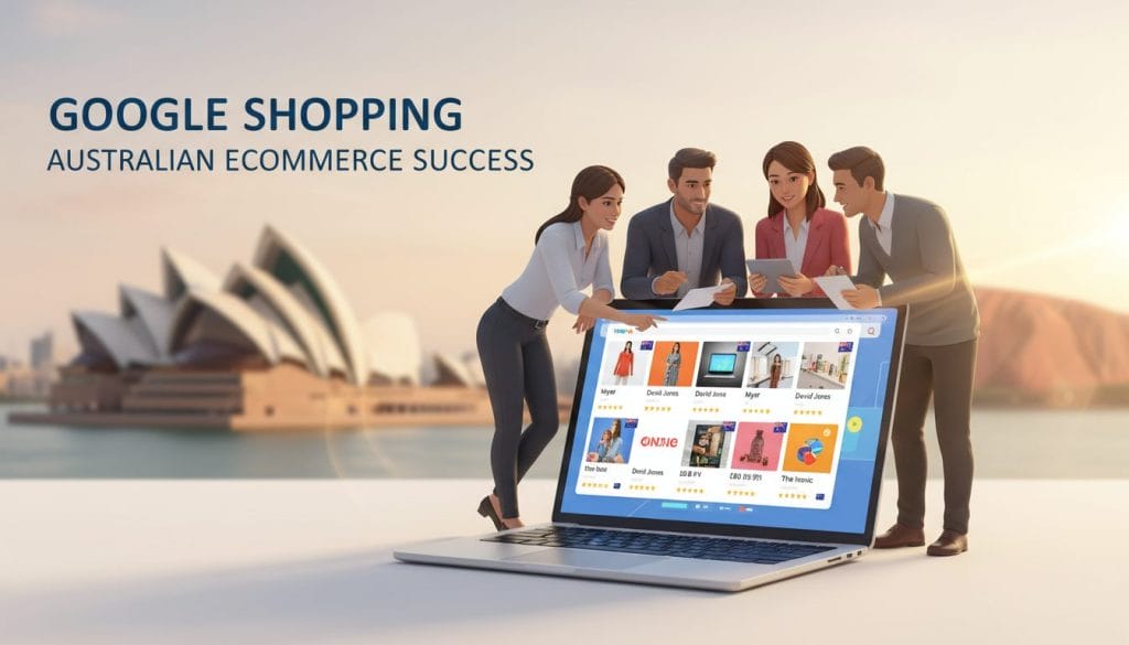 A vibrant illustration depicting the concept of Google Shopping tailored for Australian eCommerce. In the foreground, showcase a laptop screen displaying a colorful, engaging Google Shopping interface filled with product images, highlighting various Australian online stores. Include elements such as price tags and product ratings to convey the shopping experience. In the middle ground, a diverse group of professionals in smart business attire is gathered around the laptop, discussing strategies, reflecting teamwork and innovation. In the background, subtly blend iconic Australian landmarks like the Sydney Opera House or Uluru to establish the geographic context. The lighting is bright and dynamic, with a slight lens blur effect on the background to emphasize the focal point. The overall mood should be energetic and aspirational, symbolizing the importance and potential of Google Ads for eCommerce success in Australia.