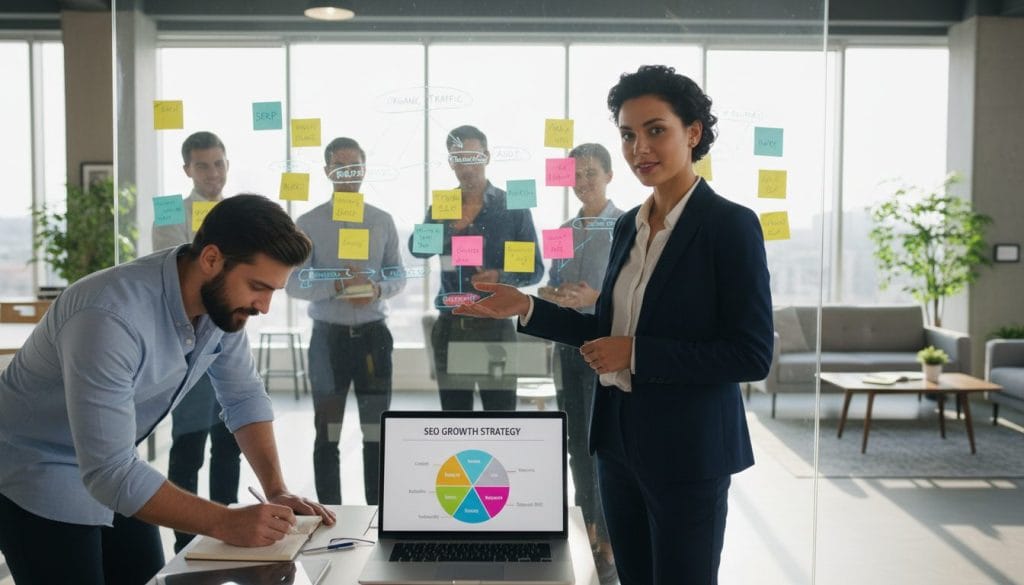 A vibrant office scene showcasing a diverse group of professionals engaged in a strategic meeting about website SEO. In the foreground, a confident woman in smart business attire gestures animatedly while presenting on a laptop, with a colorful infographic displayed on the screen behind her. To the left, a man in a neat button-up shirt takes notes enthusiastically. In the middle ground, a large whiteboard filled with sticky notes and diagrams highlights key SEO strategies. The background features a bright, modern office space with large windows allowing natural light to flood the room, accentuating a feeling of collaboration and productivity. The atmosphere is dynamic and focused, conveying a sense of urgency and excitement about actionable insights. The angle is slightly overhead, providing a comprehensive view of the collaborative environment.