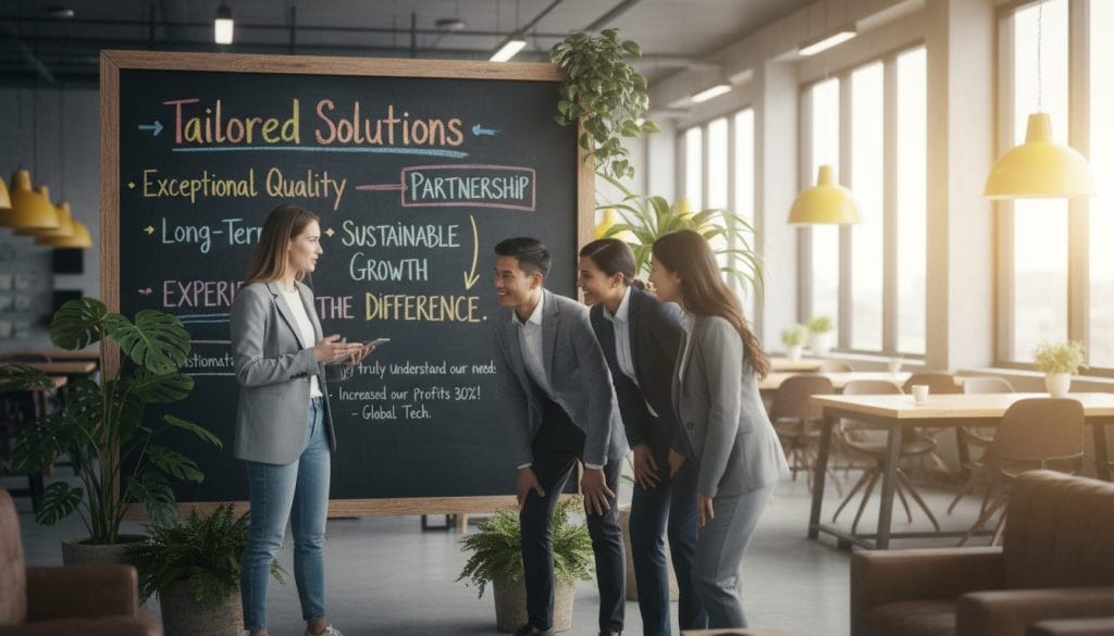 A vibrant, professional setting that symbolizes value in business. In the foreground, a confident small business owner, a Caucasian woman in smart casual attire, is engaged in a meaningful conversation with a diverse group of clients who appear engaged and appreciative. In the middle ground, a large chalkboard displays creative value propositions and customer testimonials, surrounded by plants for a fresh atmosphere. The background showcases a modern office environment with warm, inviting lighting that emphasizes collaboration. Soft focus on the background, with natural light streaming through large windows, creates an uplifting mood. Shot with a wide-angle lens to capture the dynamic energy of the scene, reflecting the essence of competing on value rather than price.