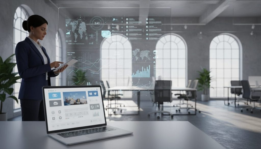 A vibrant, professional workspace featuring a modern website hub at its center. In the foreground, a sleek laptop displays a visually appealing website design with various digital elements like icons and charts. To the left, a confident professional in smart business attire is engaged in a discussion on a tablet, emphasizing collaboration and strategy. The middle layer includes a large, transparent screen showing data analytics and website traffic in real-time, symbolizing a digital ecosystem. The background showcases an open office environment with large windows letting in soft, natural light, casting gentle shadows. The mood is optimistic and forward-looking, suggesting innovation and growth in digital presence. The image captures the essence of a business making its website the core of its online identity. A vibrant, professional workspace featuring a modern website hub at its center. In the foreground, a sleek laptop displays a visually appealing website design with various digital elements like icons and charts. To the left, a confident professional in smart business attire is engaged in a discussion on a tablet, emphasizing collaboration and strategy. The middle layer includes a large, transparent screen showing data analytics and website traffic in real-time, symbolizing a digital ecosystem. The background showcases an open office environment with large windows letting in soft, natural light, casting gentle shadows. The mood is optimistic and forward-looking, suggesting innovation and growth in digital presence. The image captures the essence of a business making its website the core of its online identity.